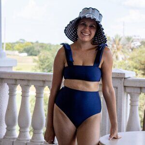 Navy Fiore Solid Hot Pants Bikini with Bow Straps in Women’s Medium